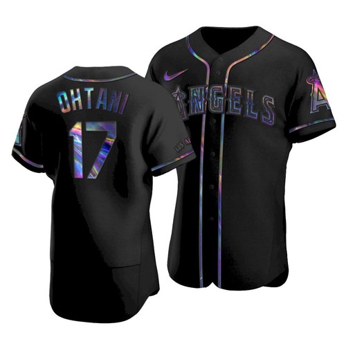 Men's Black Los Angeles Angels #17 Shohei Ohtani 2021 Iridescent Logo Flex Base Stitched Baseball Jersey